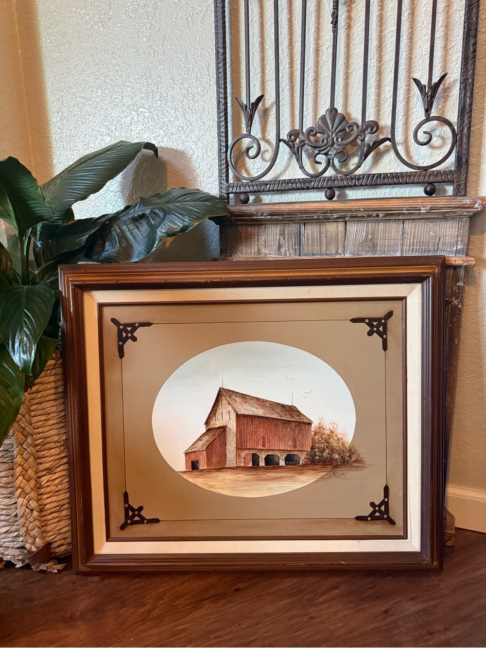 Vintage Rustic American Barn Landscape Oil Painting, Signed “M Perry” Folk Art